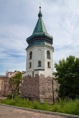 The medieval Town Hall tower on a cloudy July day. Vyborg, Russia