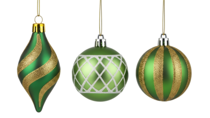 Green christmas ornaments with gold and silver decorations isolated on a transparent background