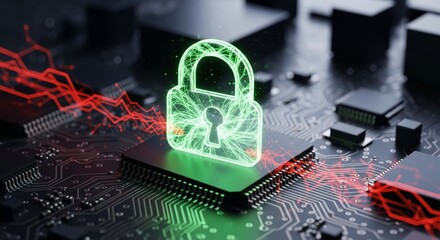 Glowing holographic padlock icon standing vertically on a black microchip processor, intricate energy fibers and digital particles.