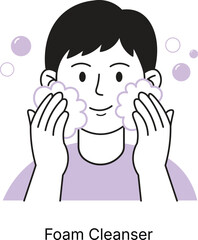 Cute Vector Man Washing Face with Foam Cleanser in Basic Skincare Routine