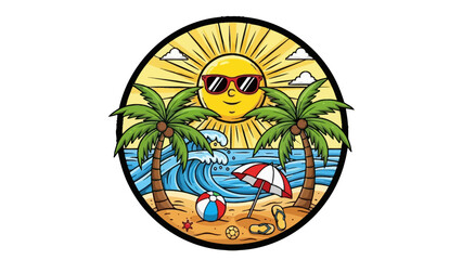 Summer Beach Paradise: An inviting scene unfolds within a circular frame, showcasing a sunny day at the beach, with a cheerful sun wearing sunglasses, palm trees, the ocean's waves, beach essentials.