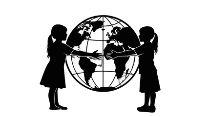 Two caring children silhouettes hugging a globe with compassion, on an isolated white background, symbolizing global unity and environmental protection