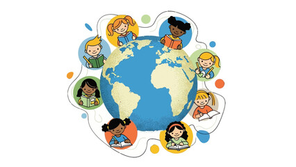 Global Education: A colorful illustration depicts children of diverse backgrounds encircling the globe, each absorbed in a book.