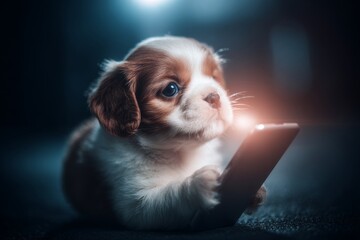 Puppy's delight: exploring smartphone in a sunlit room. Modern data technologies. Big data processing techniques for complex information systems. Puppy tech. Data science applications.