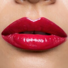 Obraz premium Close-up of woman's lips with bright red glossy lipstick, beauty and makeup concept. 