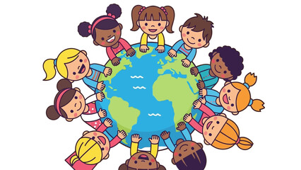Global Unity: A group of diverse children encircling the globe, representing unity, friendship, and the beauty of global harmony.