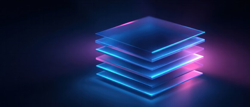 Stack of glowing transparent digital layers with neon blue and pink lighting on dark background symbolizing data storage and cloud structure