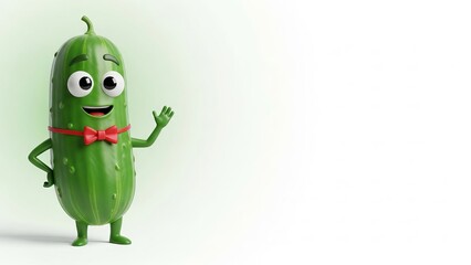 Friendly cartoon cucumber character waving with red bowtie