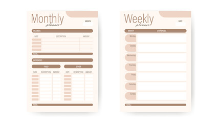 Monthly and Weekly Planner Forms. Universal template for budgeting, income and expenses. Personalized forms for printing and filling out. Vector graphics
