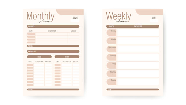 Monthly and Weekly Planner Forms. Universal template for budgeting, income and expenses. Personalized forms for printing and filling out. Vector graphics