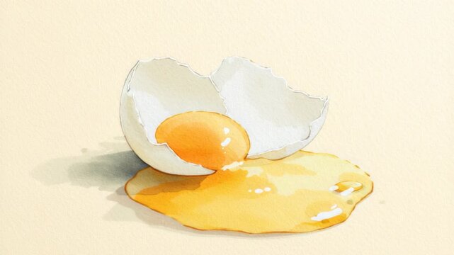 watercolor illustration of cracked egg with yolk spilling, pastel cream background, minimal cooking art