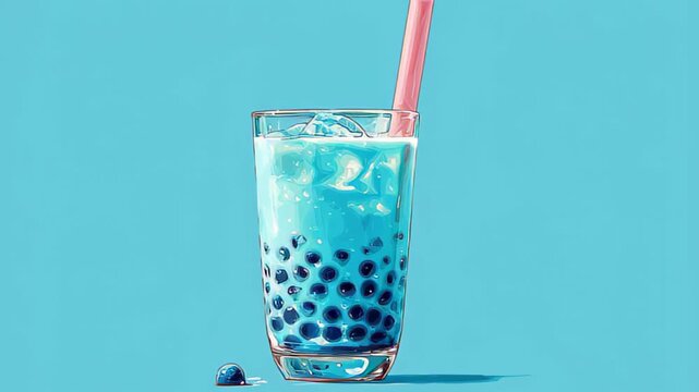 watercolor illustration of bubble tea with tapioca pearls, pastel blue background, minimal drink poster