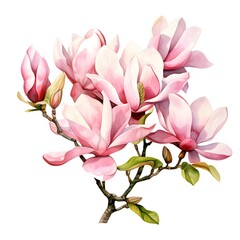 Obraz premium Watercolor painting of pink magnolia flowers blossoming on a branch