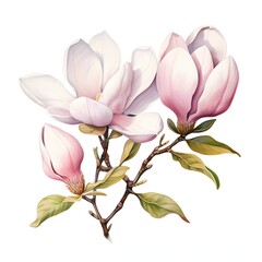 Magnolia branch with pink and white flowers on white background