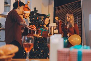 Festive Office Christmas Party with Delicious Food. A beautifully decorated office space with Christmas trees and festive lights, set up for a holiday party.