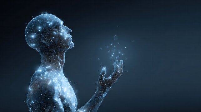 Digital human figure composed of glowing network lines reaching upward with scattered particles symbolizing artificial intelligence and connection