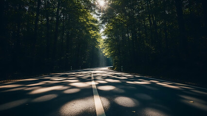 Sunlight shining through dense forest canopy onto a dark road