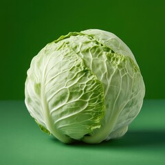 Obraz premium Fresh green cabbage head on solid green background, raw vegetable closeup, healthy cooking ingredient with copy space