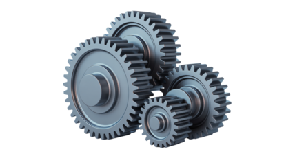 Three interlocking metallic machine gears rotating together symbolizing teamwork industry and mechanical precision engineering