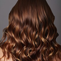 Fototapeta premium Close-up back view of long wavy brown hair with caramel highlights and shiny healthy texture 