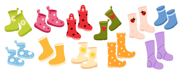 Cute kids rubber boots vector illustration with colorful floral, dot and star patterns. Flat rain footwear design for children, bright waterproof gumboots isolated on white background.