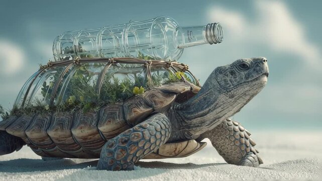 turtle carrying plastic bottle on shell, surreal environmental awareness image