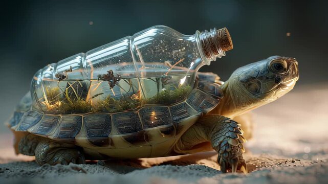 turtle carrying plastic bottle on shell, surreal environmental awareness image