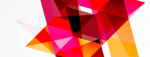 Abstract geometric shapes overlap, creating vibrant red, pink, orange hues. White space provides contrast, modern feel.
