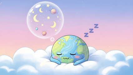 Cute cartoon planet Earth sleeping on clouds dreaming of stars and moons, tranquil space fantasy illustration