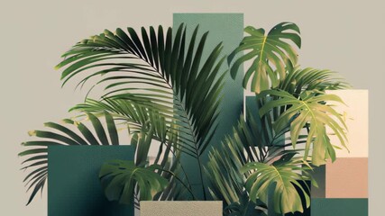 tropical palm leaves overlapping with abstract geometric blocks, surreal graphic design  - Powered by Adobe