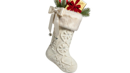 Cream cable knit Christmas stocking with gifts and fur trim