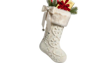 Cream cable knit Christmas stocking with gifts and fur trim