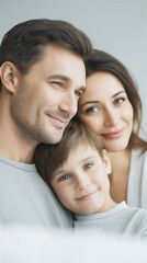 Warm family portrait of two parents cuddling with their child, smiling softly indoors. Concept of love, support, and togetherness for parenting and wellbeing themes.