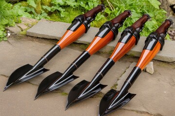 four long wooden shovels with black-orange plastic bodies and colorful blades arranged on green nature ground for gardening and landscaping concept
