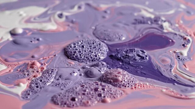Paint pour featuring white, lilac and light pink colors intermingling in swirling, organic patterns