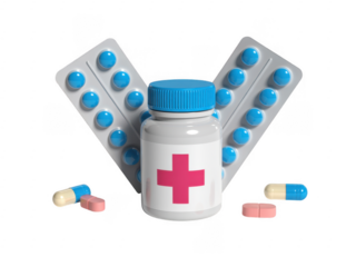 Medication bottle with blue pills and capsules isolated on a transparent background