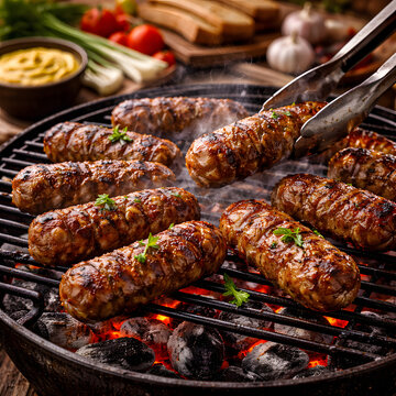 Romanian mici grilling over charcoal, skinless sausages sizzling on traditional barbecue with mustard, bread and smoke, authentic street food scene captured in rustic setting