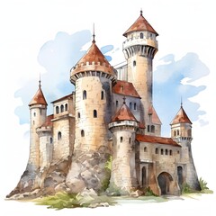 Fototapeta premium Majestic castle towers high with red roofs against a watercolor sky