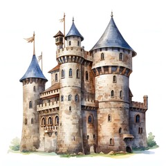 Fototapeta premium Watercolor painting of a majestic castle with flags waving on top