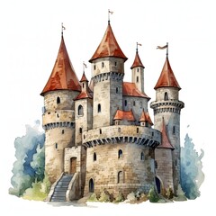 Fototapeta premium Watercolor painting of a fairytale castle with red turrets and blue foliage around it