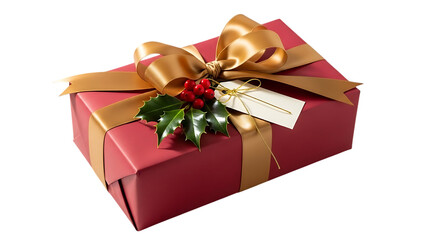 Red gift box with gold ribbon and holly christmas