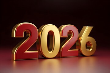 Gold metal digit 2026 number on dark red background. Banner template of year calendar for business, celebration, new year, christmas and holiday card event with copy space.