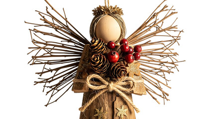 Rustic wooden angel ornament with pine cones and berries