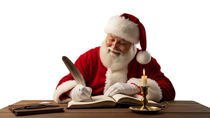 Santa Claus writing with quill pen by candlelight Christmas