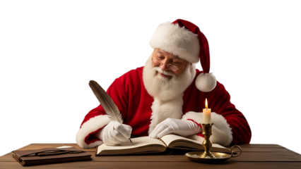Santa Claus writing with quill pen by candlelight Christmas
