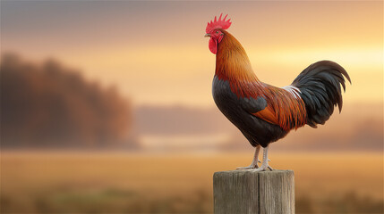 Colorful rooster standing on wooden post at sunrise in rural field, calm morning farm scene with soft bokeh background, agriculture, countryside and new day concept.