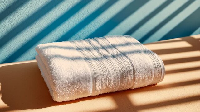 towel neatly folded on sunbed casting sharp shadow, minimal graphic luxury scene