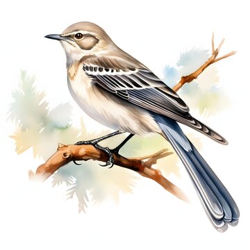 Mockingbird is perched gracefully on a branch in watercolor illustration