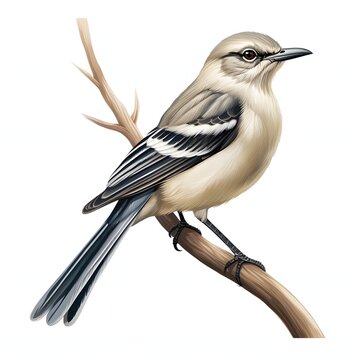 Elegant northern mockingbird perched gracefully on a bare branch isolated on white