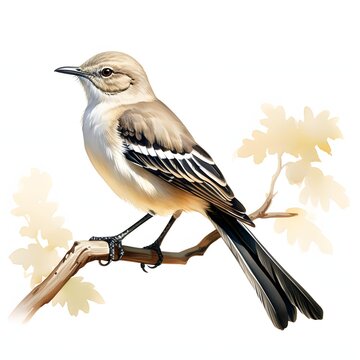 Tropical mockingbird perched gracefully on a tree branch, eye-level view